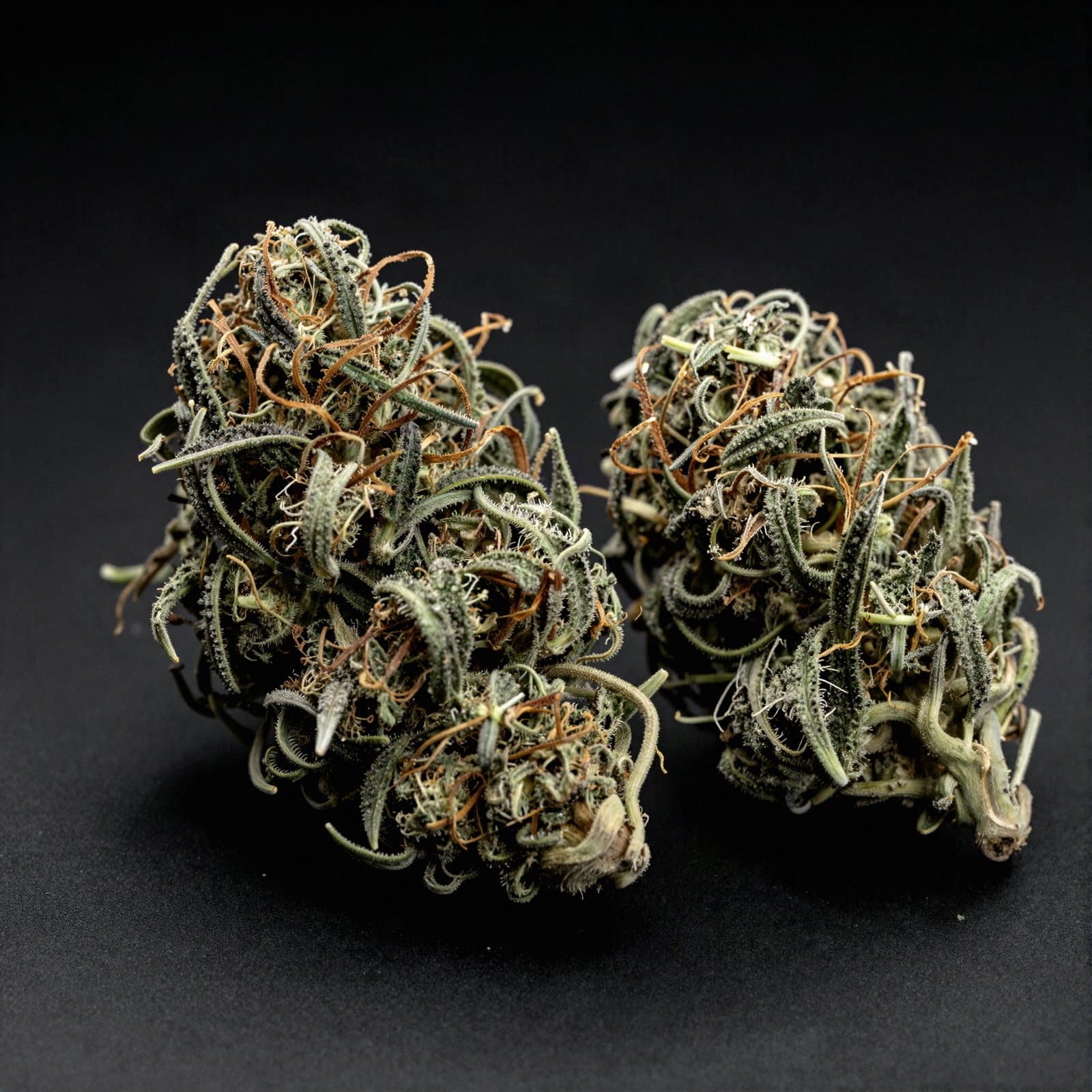Sommités de Super Skunk sur fond noir, matière dense et lourde, vert profond aux bractées serrées.